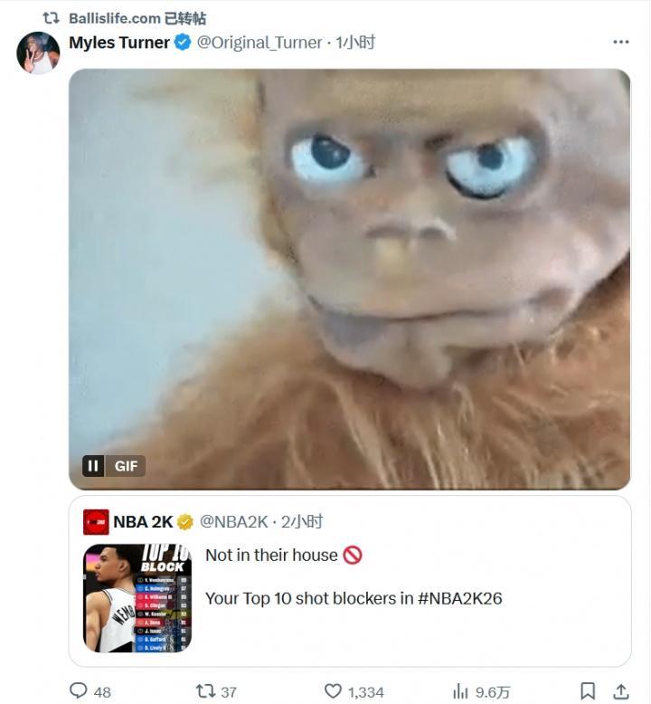 没我？特纳转发2K26盖帽能力前10表情耐人寻味 他上赛季盖帽榜第3